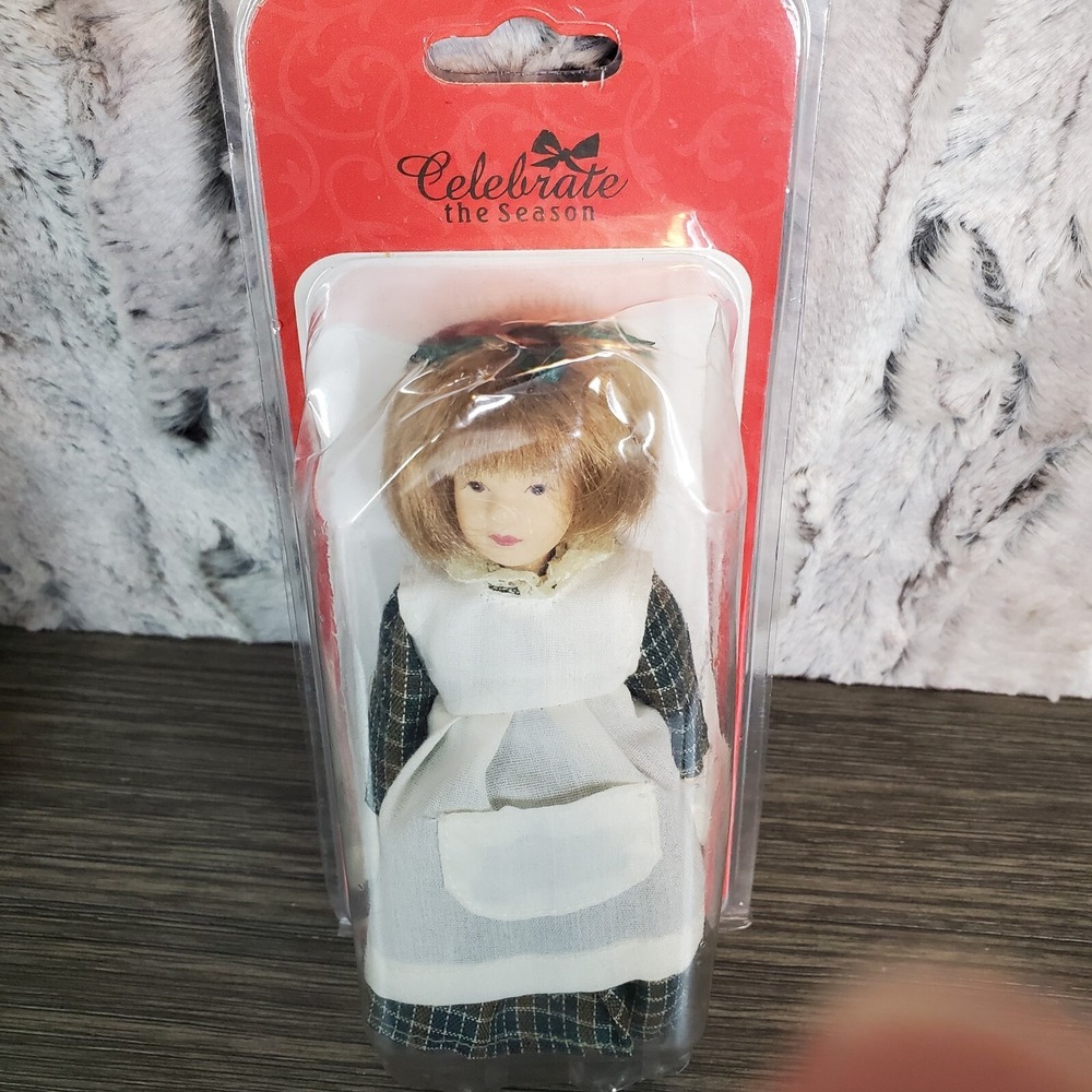 2001 Celebrate the Season Hand Painted 5.5" Porcelain Doll In Plaid Dress, Sears